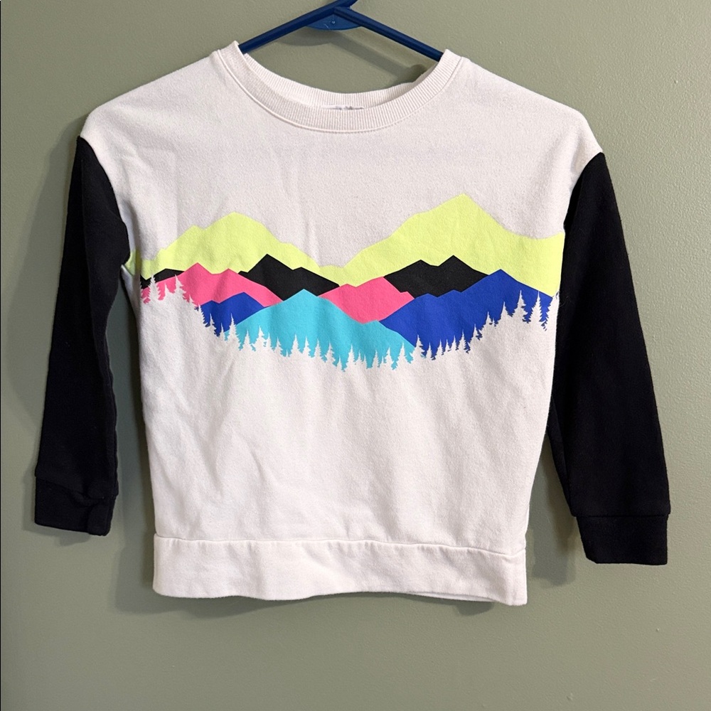 Place White and Black Sweatshirt with Colorful Mountain Design
